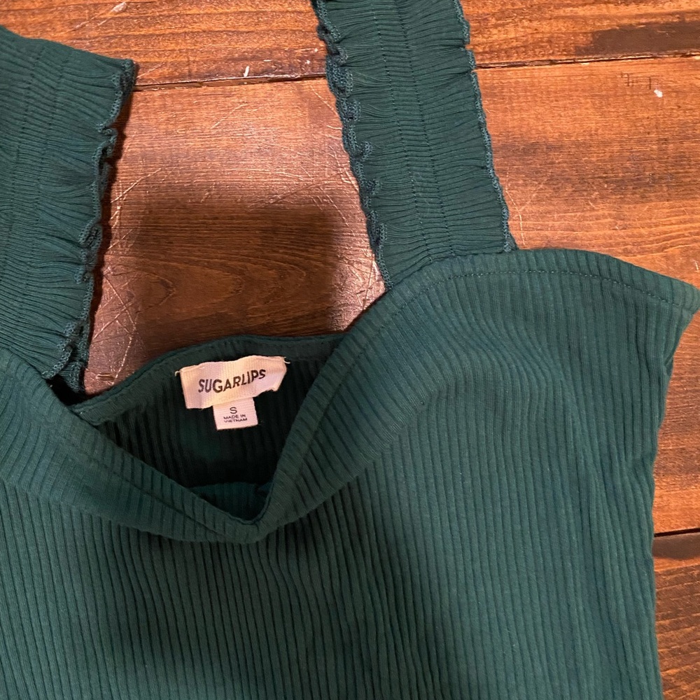 High Roller Ruffle Strap Ribbed Knit Tank Dark Green - Picture 2 of 4